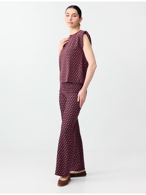 Jimmy Key Bordo Geometrik Desenli Beli Lastikli Uzun Örme Pantolon