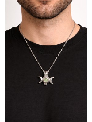 Herşey Nota Üçlü Ay Figürlü Yeşil Doğal Taşlı Unisex Kolye 60 cm Zincir