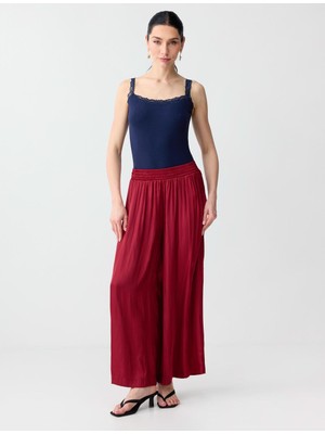Jimmy Key Bordo Yüksek Bel Bol Paça Saten Uzun Dokuma Pantolon