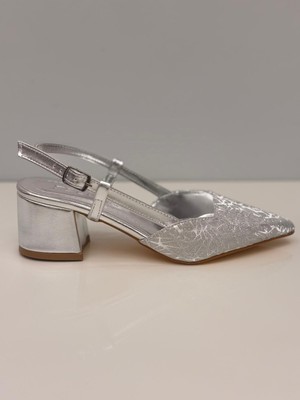 Feles Kadın Gümüş Topuklu Ayakkabı Kalın Topuklu Arkası Açık Stiletto - 5 cm Topuk - Podeia Estilo