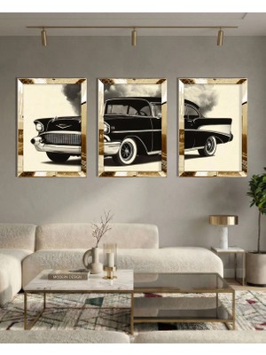 Zevahir Mobilya Dekorasyon Gold Aynalı Pleksi Retro Klasik Araba 3’lü Mdf Tablo Seti – Vintage Otomobil Duvar Dekoru