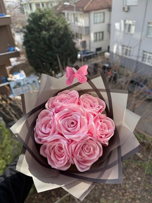 Buket Dünyası 7 Li Solmayan Gül Buketi Pembe Gül Dışı Siyah