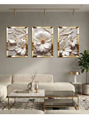 Zevahir Mobilya Dekorasyon Gold Aynalı Pleksi Lüks Beyaz Çiçek 3lü Mdf Tablo Seti – Çiçeğin Zarifliği Temalı Duvar Dekoru