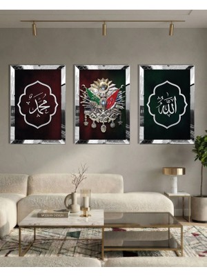 Zevahir Mobilya Dekorasyon Gümüş Aynalı Pleksi Osmanlı Tuğralı ve Hat Sanatı 3lü Dekoratif Mdf Tablo Seti - Islamı Duvar Dekoru