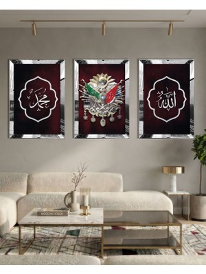 Zevahir Mobilya Dekorasyon Gümüş Aynalı Pleksi Osmanlı Tuğralı ve Hat Sanatı 3lü Dekoratif Mdf Tablo Seti - Islamı Duvar Dekoru