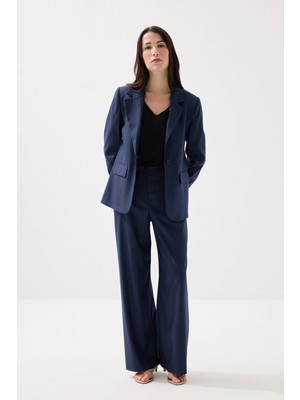 Gusto Silik Çizgili Bol Paça Kumaş Pantolon - Lacivert