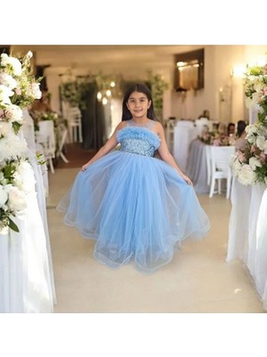 Ahsenim Bebe Fırfırlı Sim Işlemeli Uzun Kız Çocuk Abiye Elbise