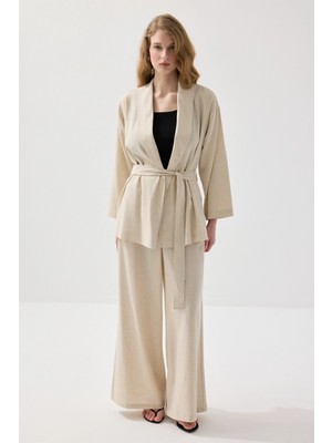Gusto Şal Yaka Keten Kimono - Bej