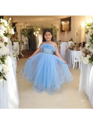 Ahsenim Bebe Fırfırlı Sim Işlemeli Uzun Kız Çocuk Abiye Elbise