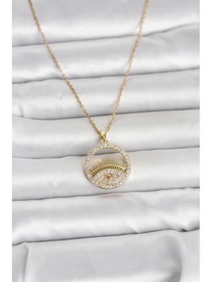 Bluefeet 316L Çelik Gold Renk Zirkon Taşlı Göz Model Kadın Kolye