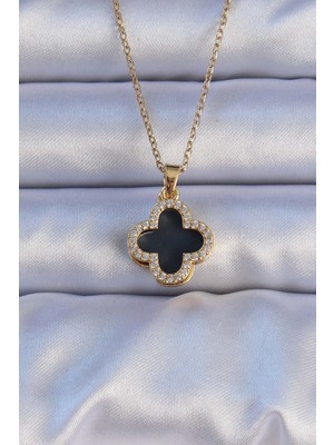 Bluefeet 316L Çelik Gold Renk Siyah Mineli Zirkon Taşlı Yonca Figürlü Kolye