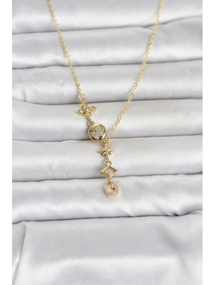 Bluefeet 316L Çelik Gold Renk Zirkon Taşlı Y Kadın Kolye