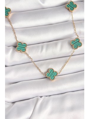 Bluefeet 316L Çelik Gold Renk Zincir Yeşil Yonca Model Kadın Kolye