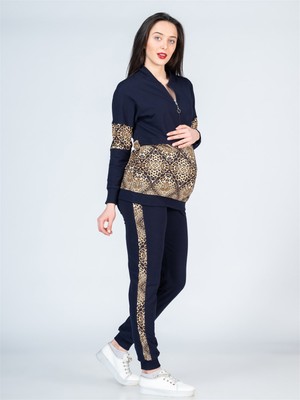 Busa Leopar Desenli Lacivert Hamile Eşofman Kadın İçin Rahat Giyim Kaliteli Kumaş Sezonluk