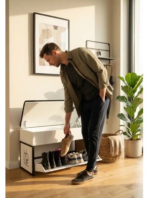 kapıönü Puflu Sandıklı Metal Ayakkabılık 8 Çift Kapasiteli Minderli Bench Oturak