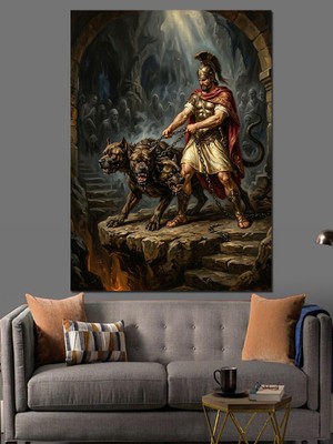 Karizma Tablo Mağarada Kaplana Eşlik Eden Savaşçı Dekoratif Kanvas - Mdf Ahşap Tablo