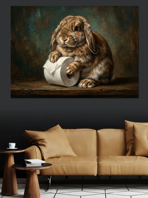 Karizma Tablo Elinde Tuvalet Kağıdı Tutan Tavşan Dekoratif Kanvas - Mdf Ahşap Tablo