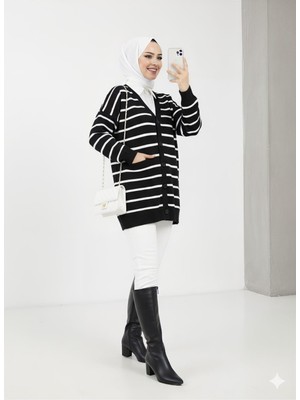 Moda Morfo Çizgili Düğmeli V Yaka Triko Hırka -Siyah