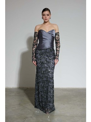 Carmen Antrasit Straplez Eldivenli Payetli Abiye Elbise