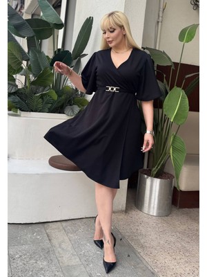 ViolettaXL Kadın Büyük Beden Kruvaze Yaka Asimetrik Kesim Gold Tokalı Likralı Double Krep Abiye Elbise