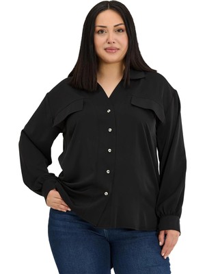 Disentis Modest Büyük Beden Cep Detaylı Uzun Kollu Siyah Gömlek