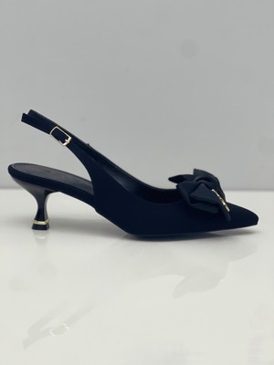 Feles Kadın Siyah Nubuk Topuklu Ayakkabı Ince Topuklu Arkası Açık Fiyonklu Stiletto -6cm Topuk-Podeia Estilo