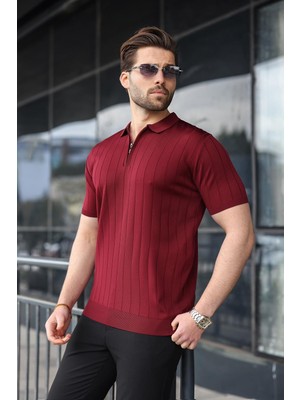 Madmext Bordo Polo Yaka Fermuarlı Erkek T-Shirt E7298