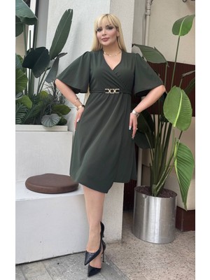 ViolettaXL Kadın Büyük Beden Kruvaze Yaka Asimetrik Kesim Gold Tokalı Likralı Double Krep Abiye Elbise