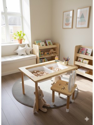 Lilikids Shop Ahşap Montessori Aktivite Masası + 1 Tavşanlı Sandalye