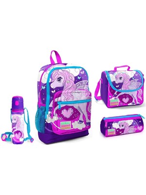 Coral High Mor Unicorn Desenli Beslenme Okul Çantası Kalemlik + Matara