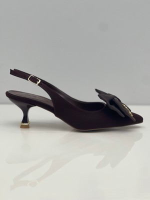 Feles Kadın Kahve Nubuk Topuklu Ayakkabı Ince Topuklu Arkası Açık Fiyonklu Stiletto -6cm Topuk-Podeia Estilo