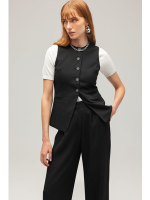 Saade Siyah Kadın Modern Fit Düz Kesim Düğmeli Dokuma Yelek