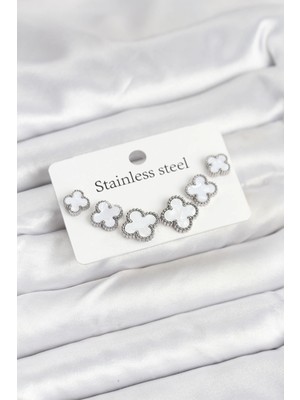 İsingir Shopping Çelik Gümüş Beyaz Renk 3 Boy Yonca Küpe Seti