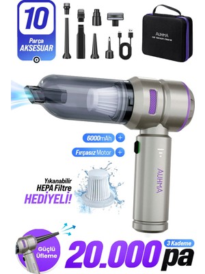 Auhma Ahv-02 Kablosuz Araç Içi Süpürge Mor | 20000PA Güçlü Vakum | Fırçasız Motor | Üfleme & Vakum Özellikli | 9 Başlık + Type-C Kablo