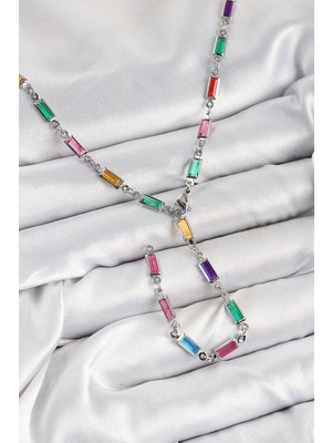 İsingir Shopping Pirinç Renkli Zirkon Taşlı Dikdörtgen Model Gümüş Renk Kadın Y Kolye