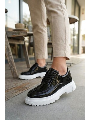 Zerenyus ZRJ06 Premium Bağcıklı Erkek Günlük Spor Klasik Ayakkabı - Siyah Beyaz Rugan