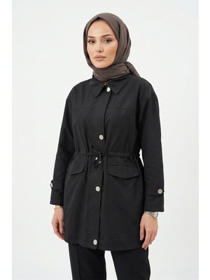 Lale Butik Düğme Detaylı Beli Bağcıklı Kap Ceket 2862 Siyah