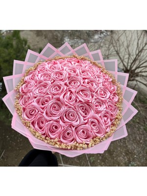 Buket Dünyası 41 Li LED Işıklı Solmayan Gül Buketi Pembe Gül Dışı Pembe - Kenar Süslü Isteme, Söz, Nişan