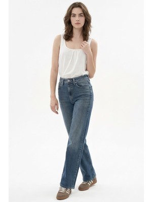Loft Kadın Pantolon Regular Fit Normal Bel Uzun Kesim Cepli Mavi ve Siyah Dokulu Model