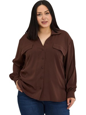Disentis Modest Büyük Beden Cep Detaylı Uzun Kollu Kahverengi Gömlek
