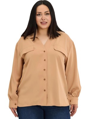 Disentis Modest Büyük Beden Cep Detaylı Uzun Kollu Vizon Gömlek