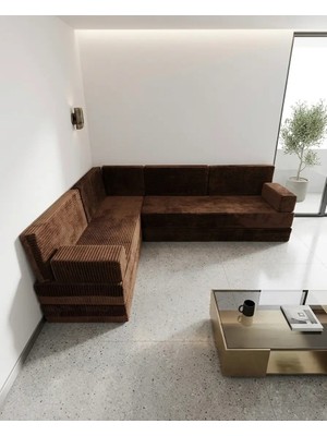 Bakırözü Home Premium Kadife Kumaş, Konforlu Yer Kanepesi ,modüler Şark Köşesi Takımı - Kahve - 40 Cm- L Set