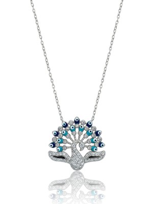 Söğütlü Silver 925 Ayar Gümüş Kolye Zirkon Taşlı Mine Nazar Boncuklu Tavus Kuşu Kolye -Şans ve Koruma SGTL13317RODAJ