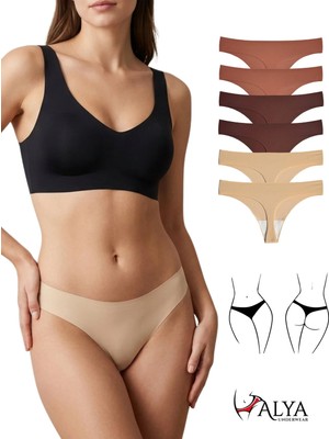 Alya Underwear Lazer Kesim Dikişsiz Tanga Külot, Seamless String 6'lı Paket ( 2 Adet Kiremit, 2 Adet Kahve, 2 Adet Ten ) S