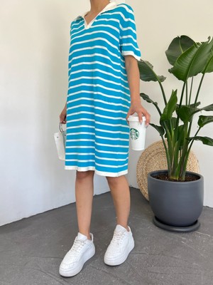 Moda Morfo Polo Yaka Çizgili Triko Mini Elbise -Mavi