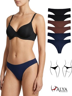 Alya Underwear Lazer Kesim Dikişsiz Tanga Külot, Seamless String 6'lı Paket ( 2 Adet Siyah, 2 Adet Kahve, 2 Adet Lacivert  ) S