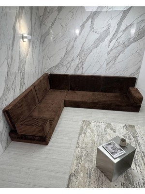Bakırözü Home Premium Kadife Kumaş, Konforlu Yer Kanepesi ,modüler Şark Köşesi Takımı - Kahve- L Set