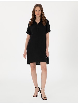 Pierre Cardin Kadın Siyah Regular Fit Keten Kısa Dokuma Elbise 50309345-VR046