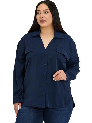 Disentis Modest Büyük Beden Cep Detaylı Uzun Kollu Lacivert Gömlek