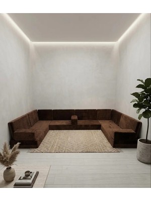 Bakırözü Home Premium Kadife Kumaş, Konforlu Yer Kanepesi ,modüler Şark Köşesi Takımı - Kahve- U Set
